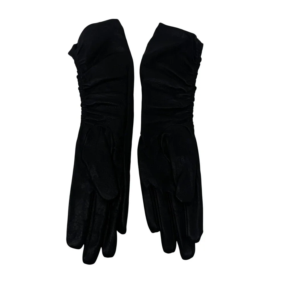 Adolfo Dominguez Black Ruched Leather Long Gloves womens Size 7½